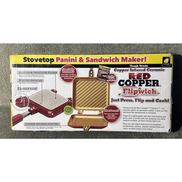Red Copper Flipwich Stovetop Panini & Sandwich Maker New InBox Non Stick Ceramic - Picture 4 of 6